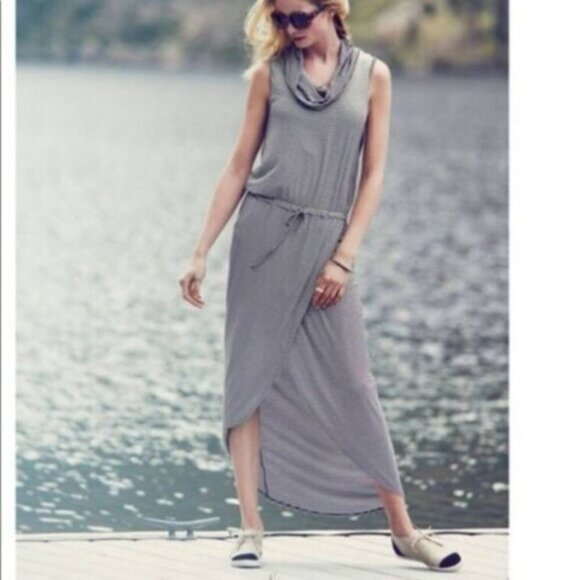 Anthropologie Dolan Black White Striped Knit Hi Lo Cowl Neck Maxi Dress - Picture 3 of 15